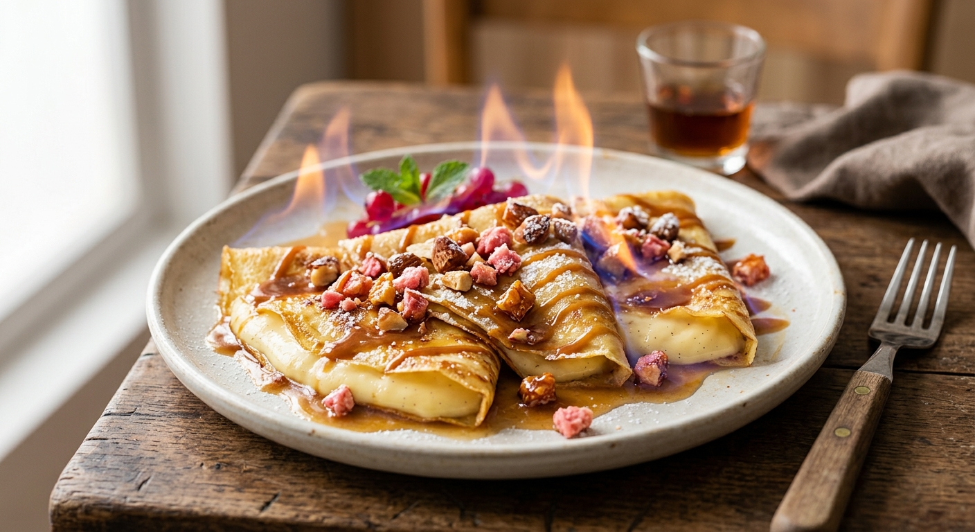 Crêpes flambées fourrées à la crème pâtissière