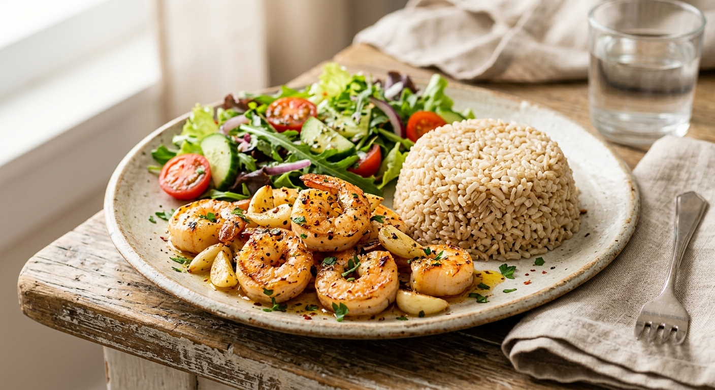 Crevettes à l'ail, riz & salade