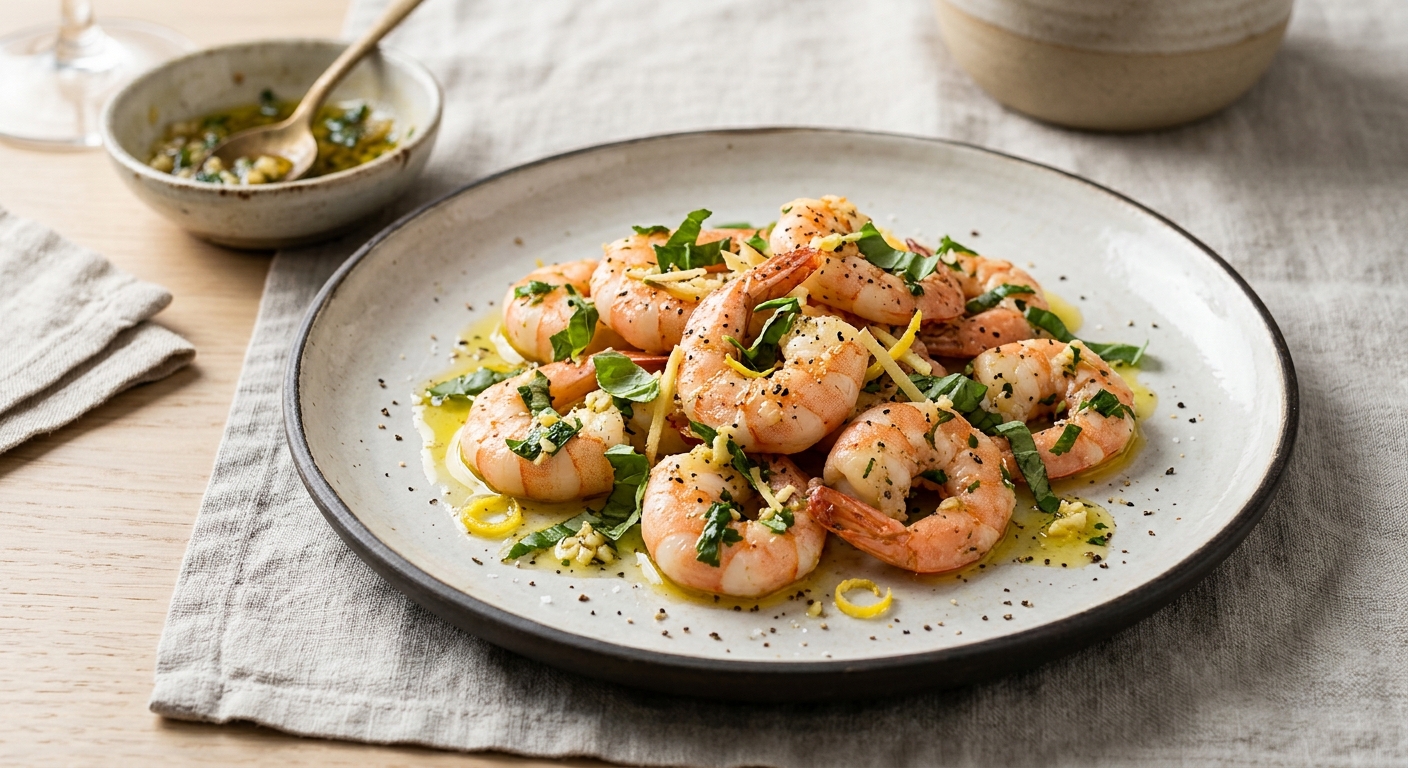 Crevettes marinées au gingembre et au basilic
