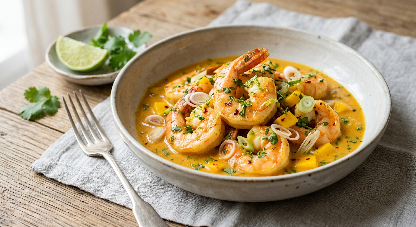 Crevettes sauce à la mangue, coco et citronnelle