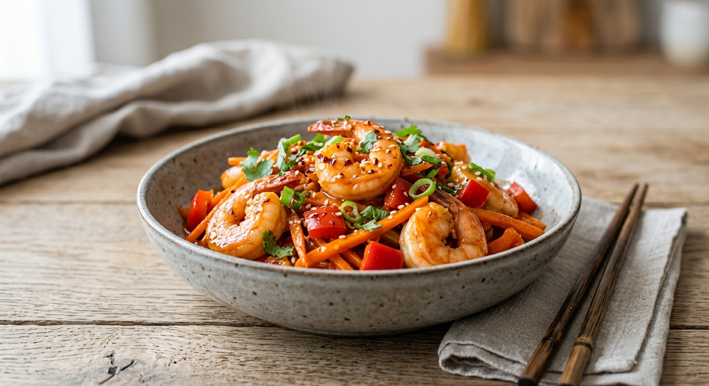Crevettes sauce piquante au wok