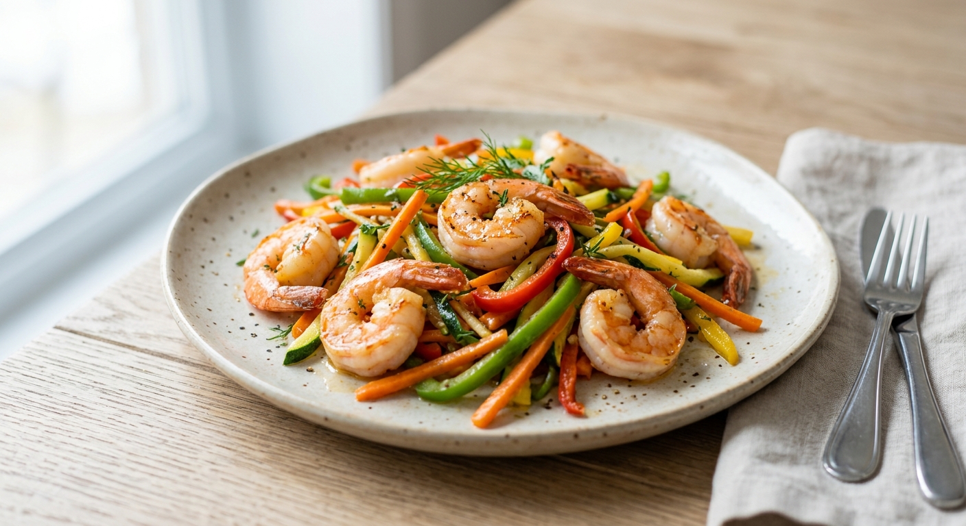 Crevettes sautées aux légumes croquants bio
