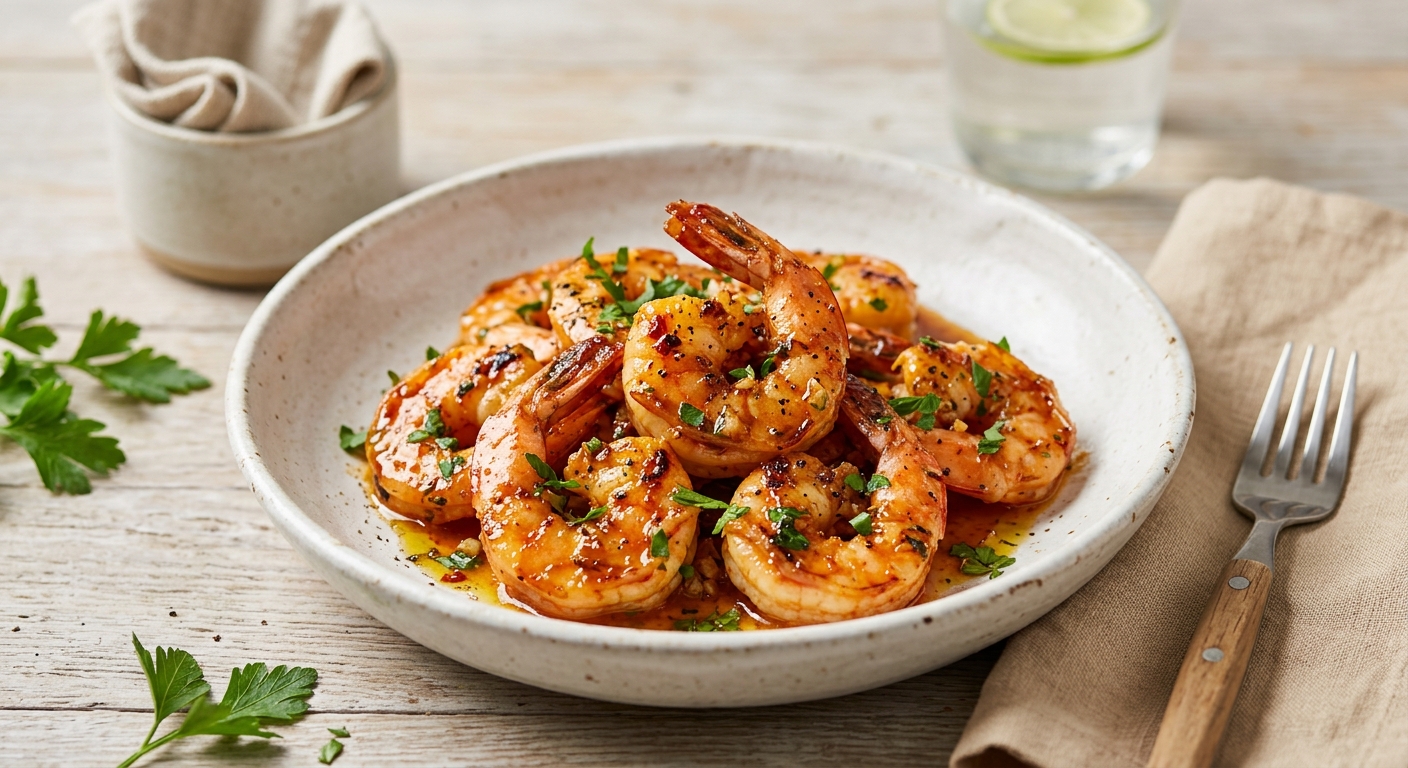 Crevettes sautées, sauce épicée au ketchup