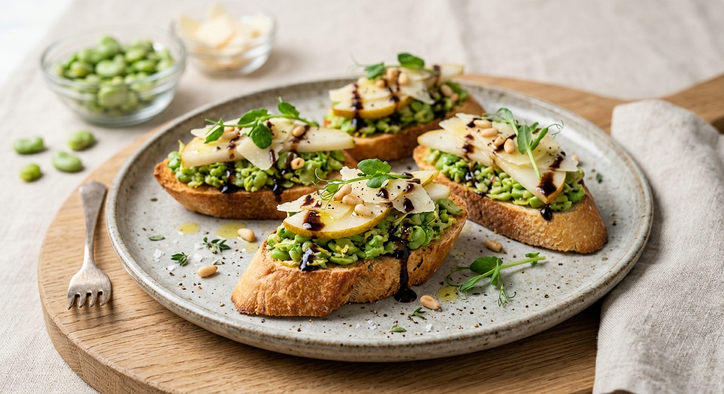 Crostini aux fèves à la poire et au parmesan