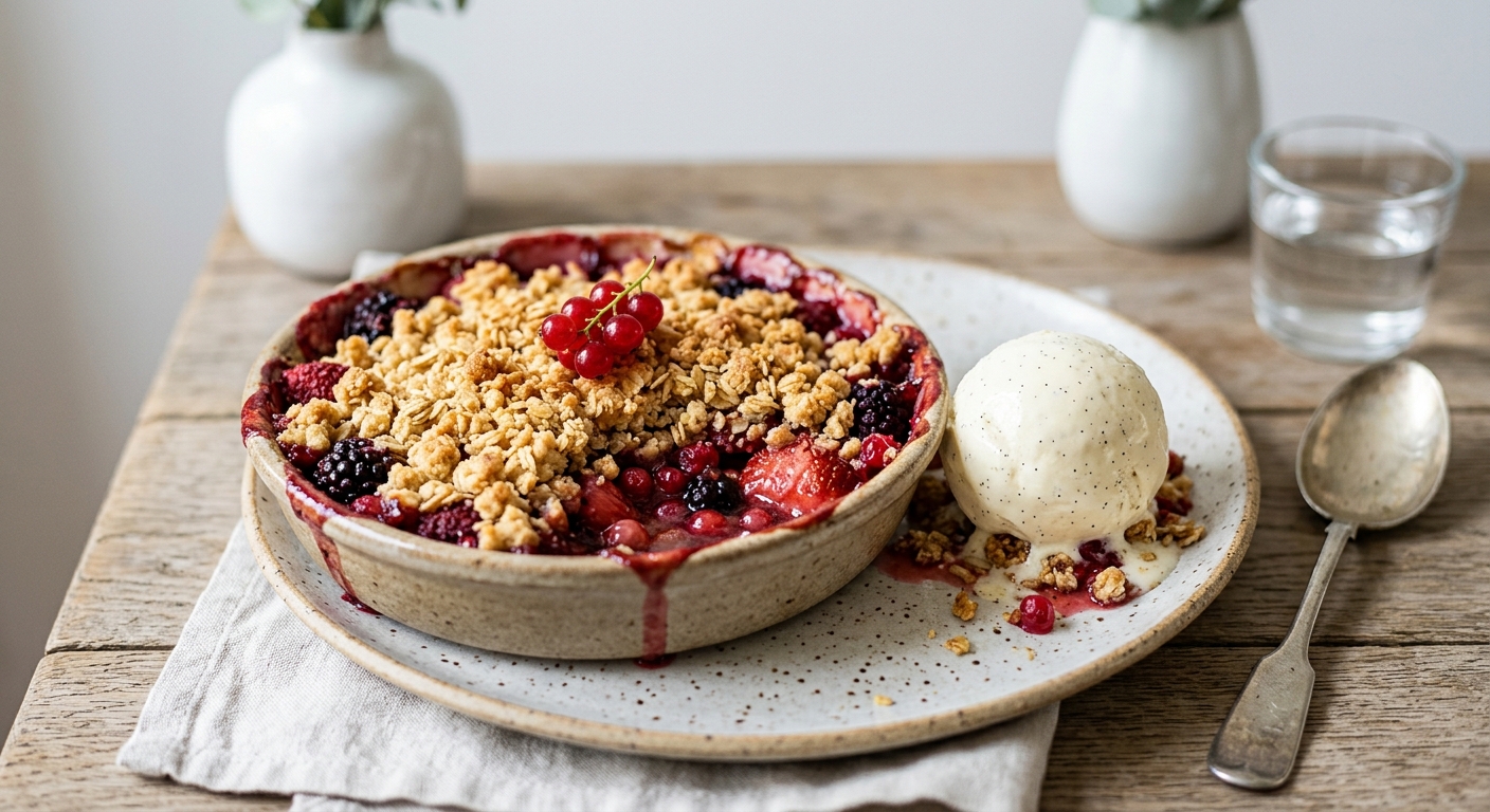 Crumble aux fruits rouges et glace vanille