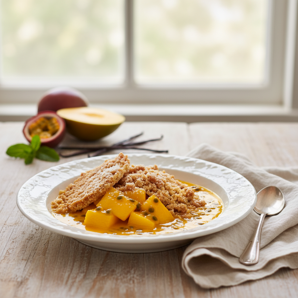 Crumble aux mangues au coulis de fruits de la Passion