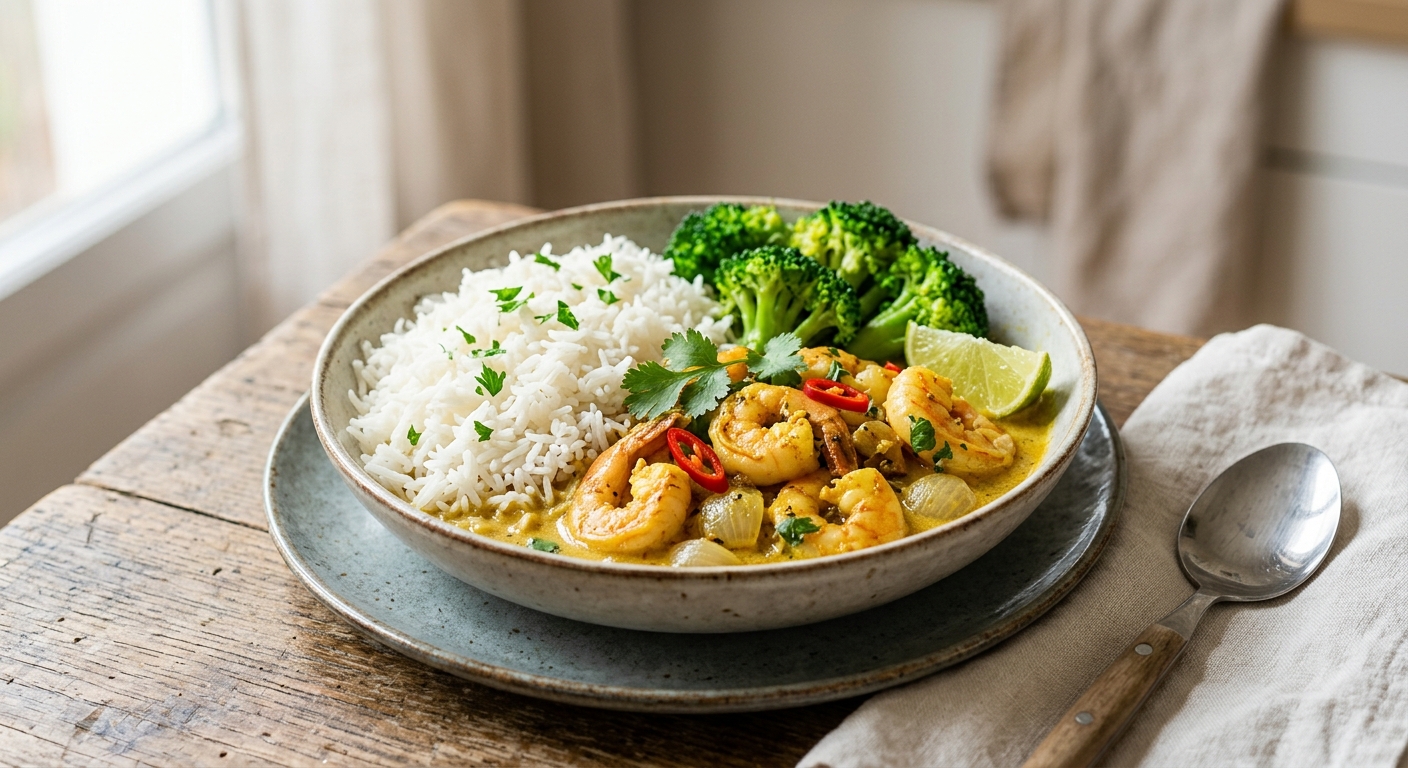 Curry de crevettes au lait de coco, riz & brocoli