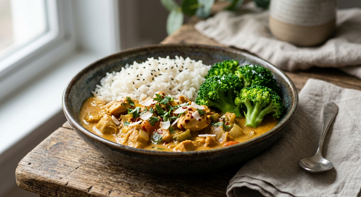 Curry de poulet au lait de coco, riz & brocoli