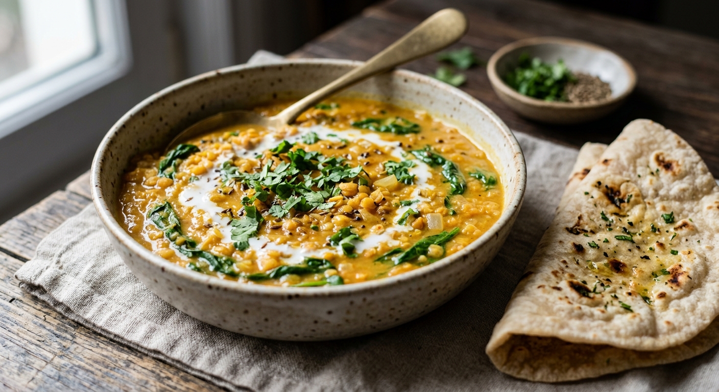 Dahl de lentilles corail épinards et lait de coco