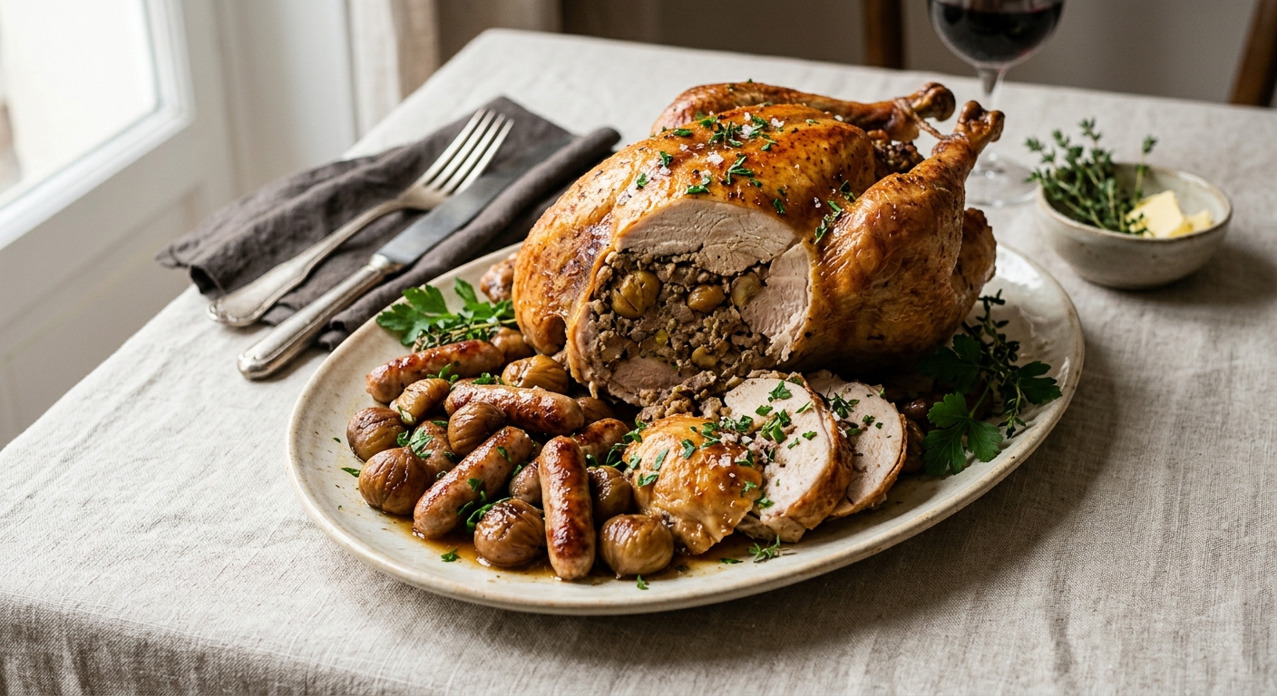 Dinde farcie aux foies et sa poêlée de marrons et chipolatas