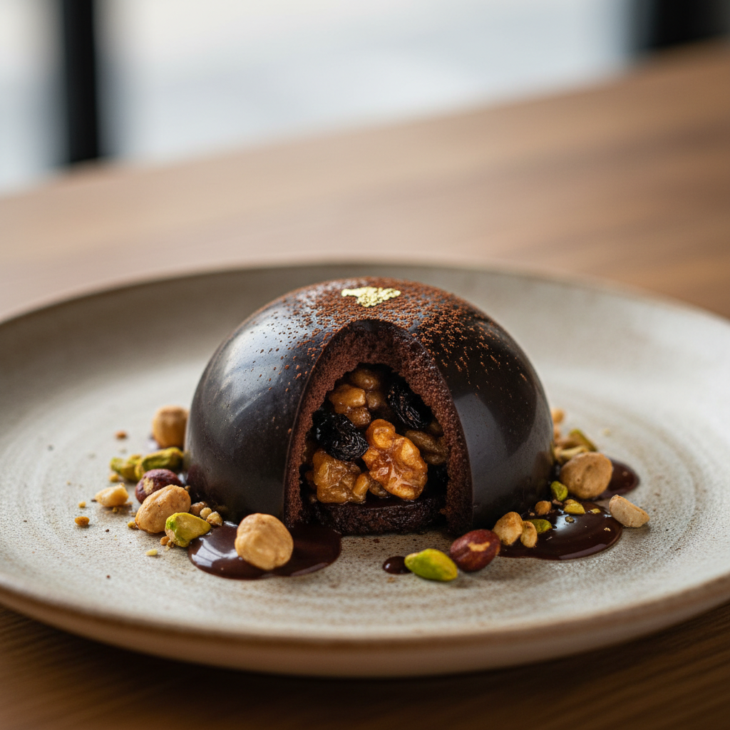 Dôme au chocolat noir, croquant de fruits secs