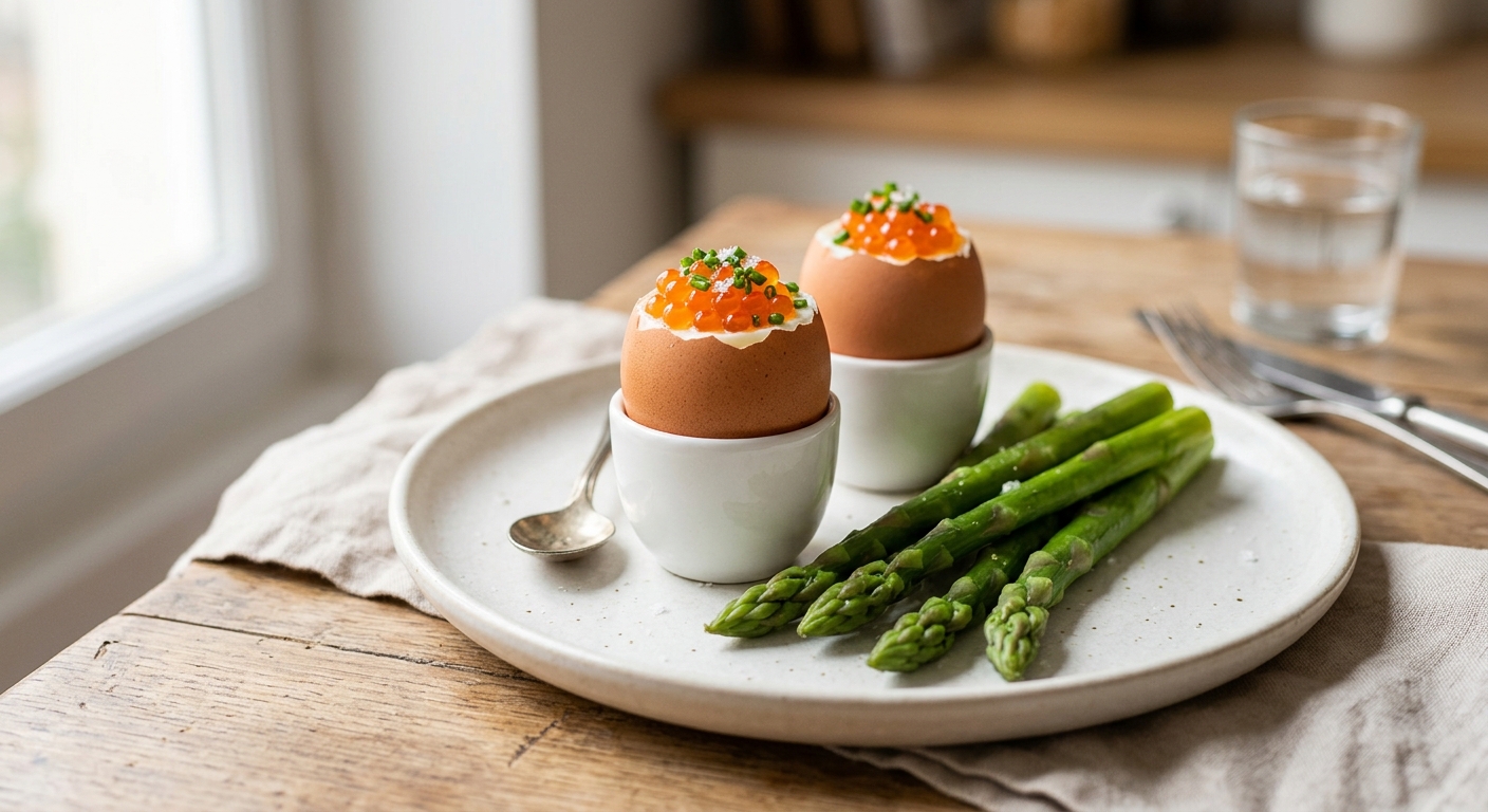 Duo d'oeufs à la coque et mouillettes d'asperges