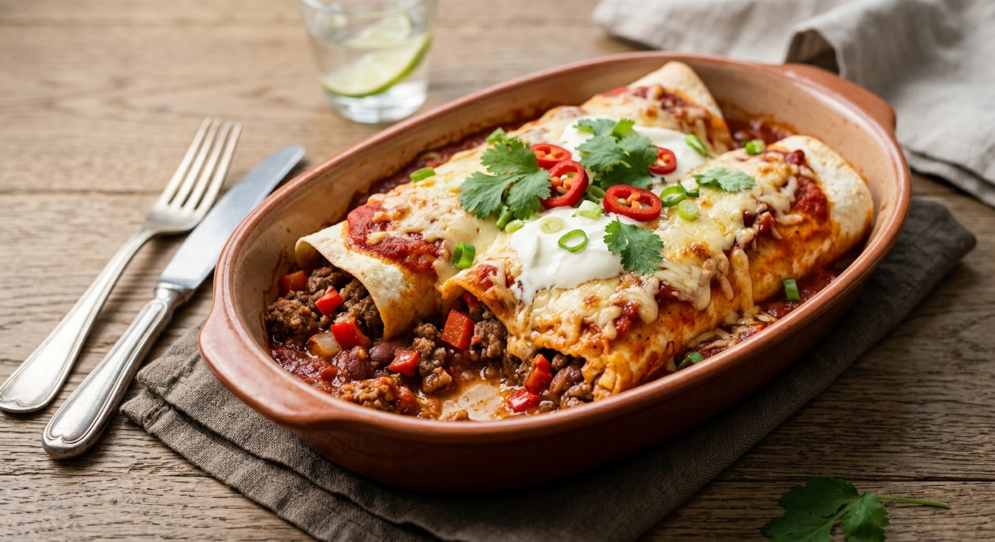 Enchiladas au boeuf et purée de haricots rouges