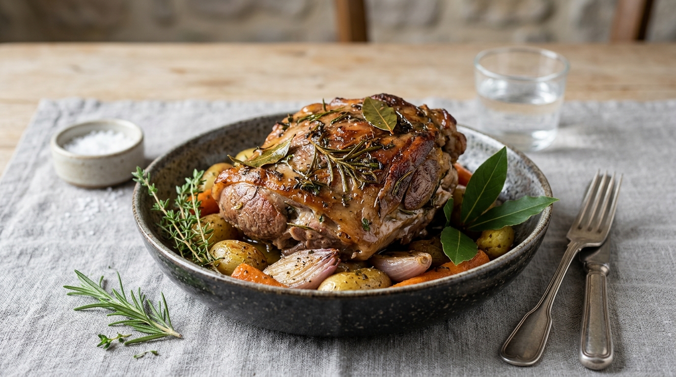 Epaule agneau de lait confite aux herbes