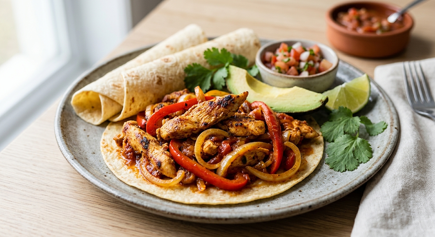Fajitas mexicains au poulet, poivron et avocat