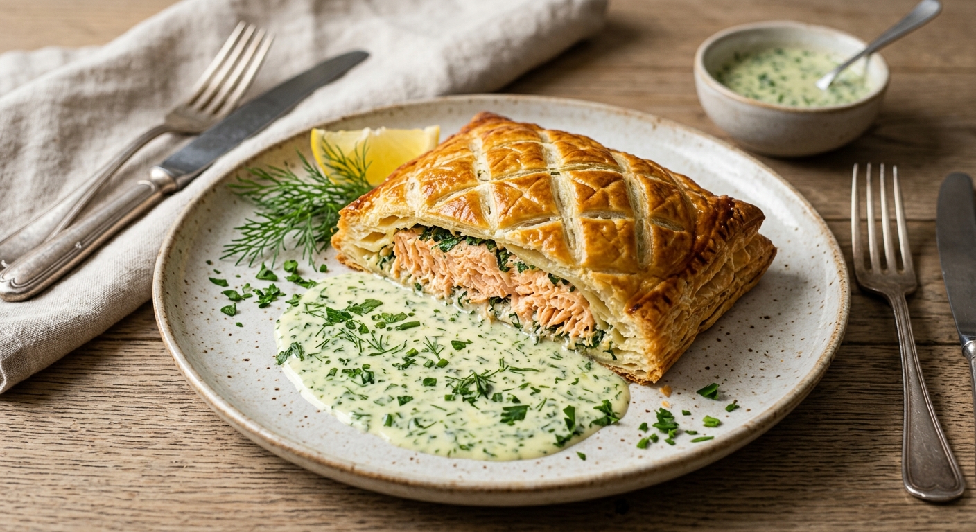 Feuilleté de saumon & sauce aux herbes