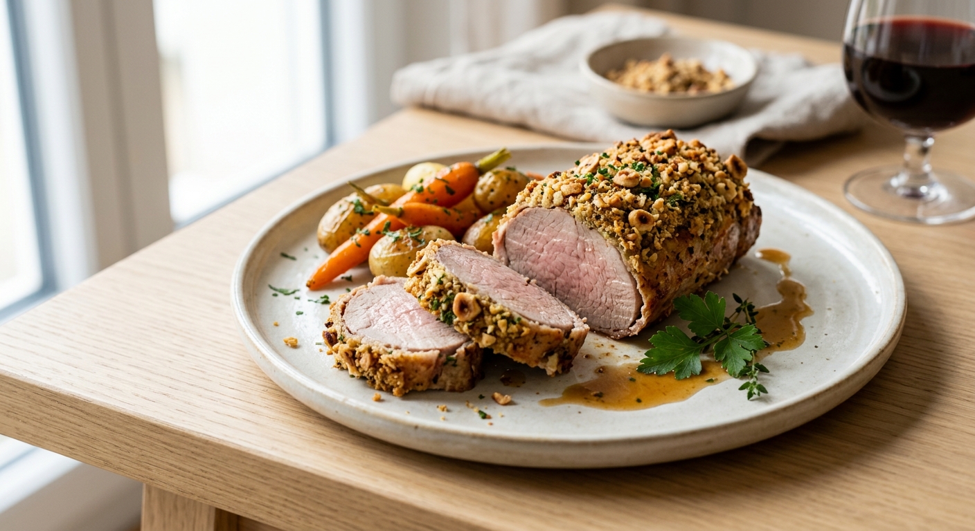 Filet mignon de porc en croûte de noisettes et herbes