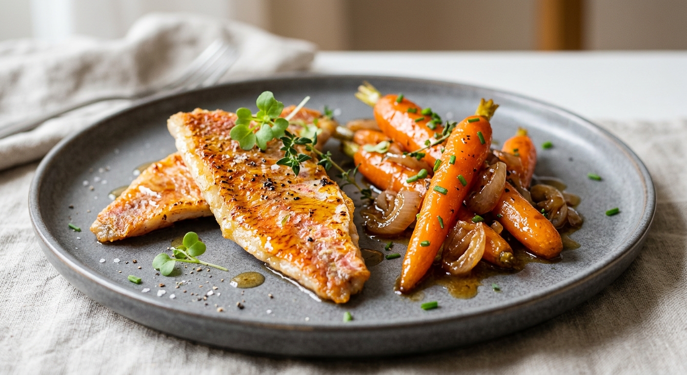 Filets de rougets et carottes glacées au miel