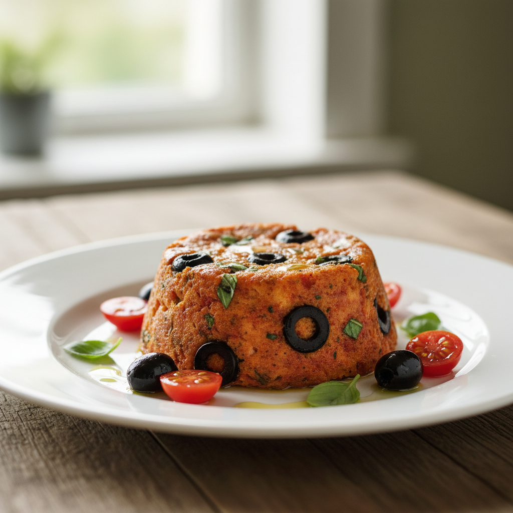 Flan à la tomate, olives noires & basilic