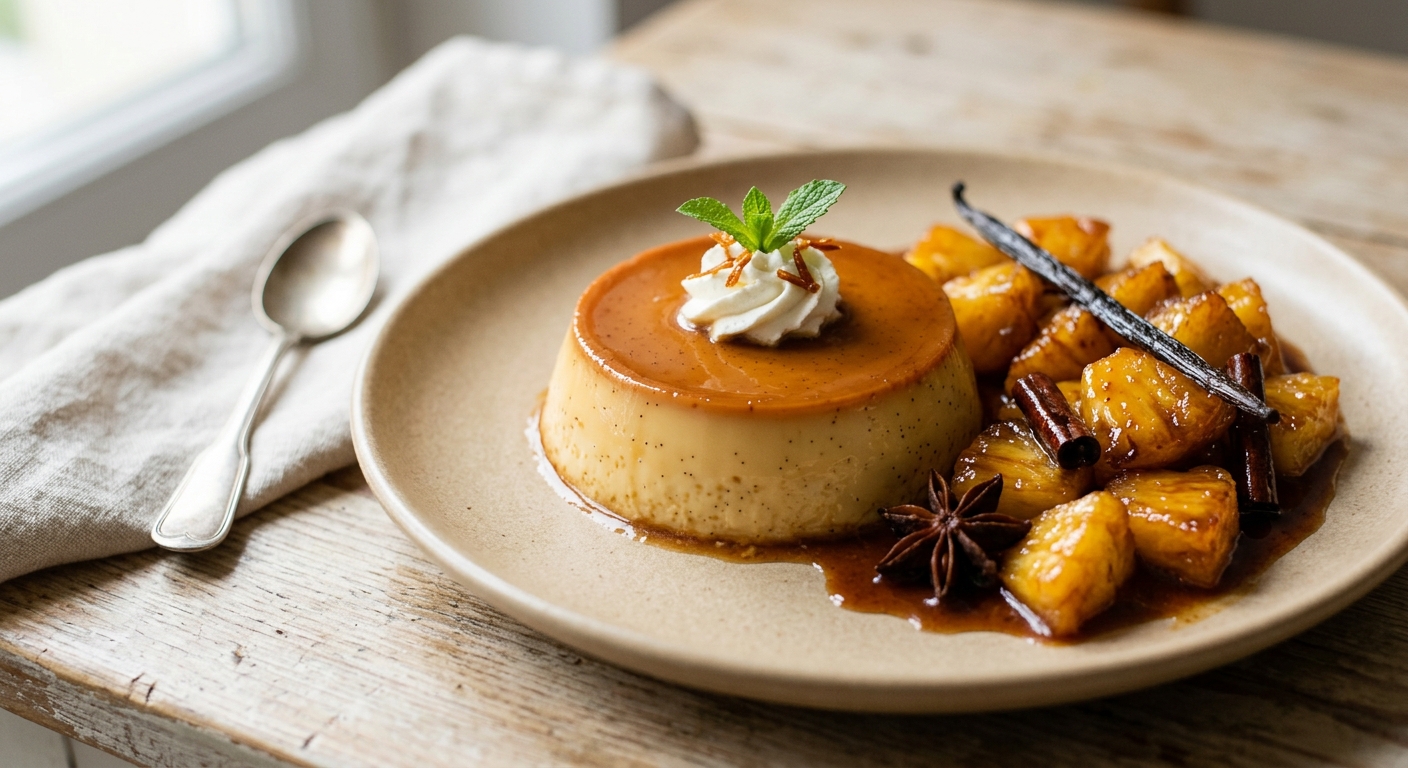 Flan à la vanille et Ananas caramélisé aux épices