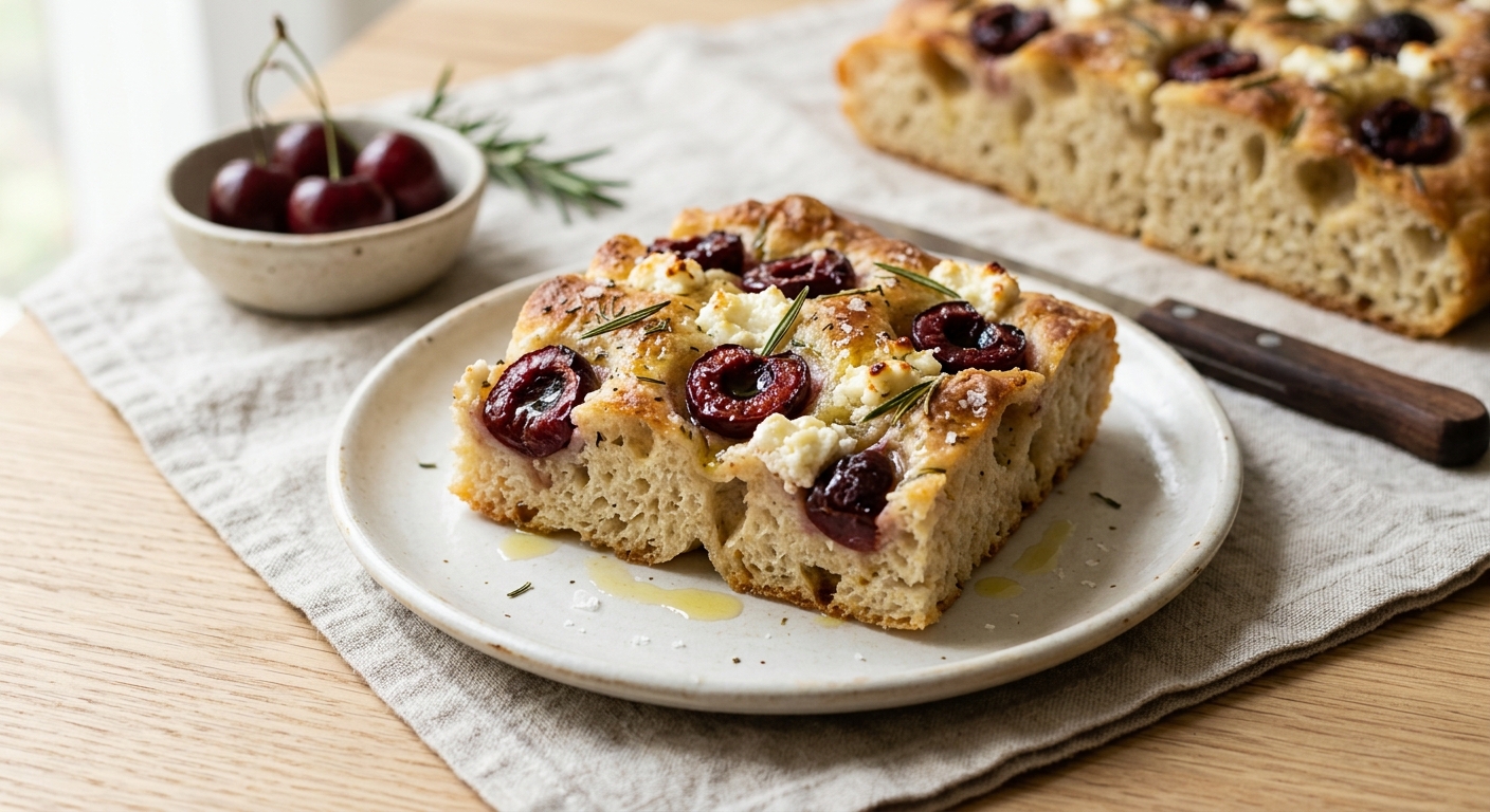 Focaccia au fromage de brebis et cerises fraîches