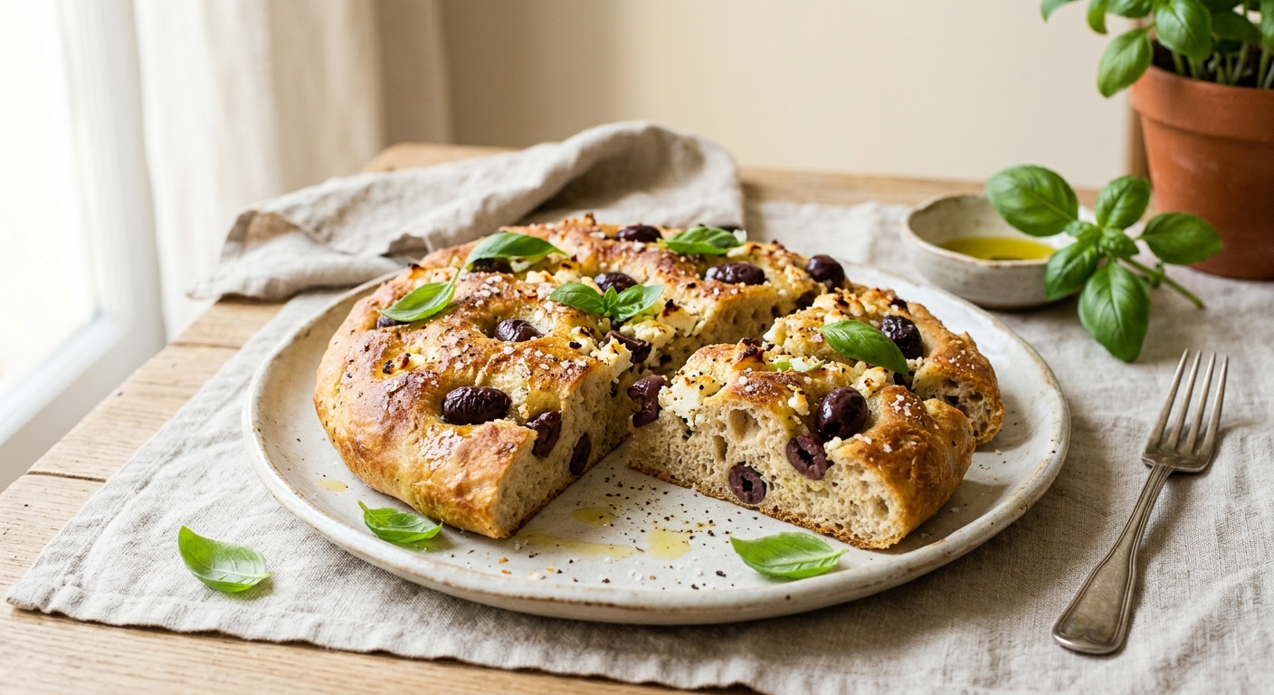 Focaccia aux olives noires, feta et basilic - fougasse italienne