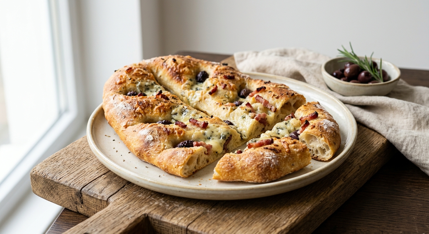 Fougasse au roquefort, olives et lardons