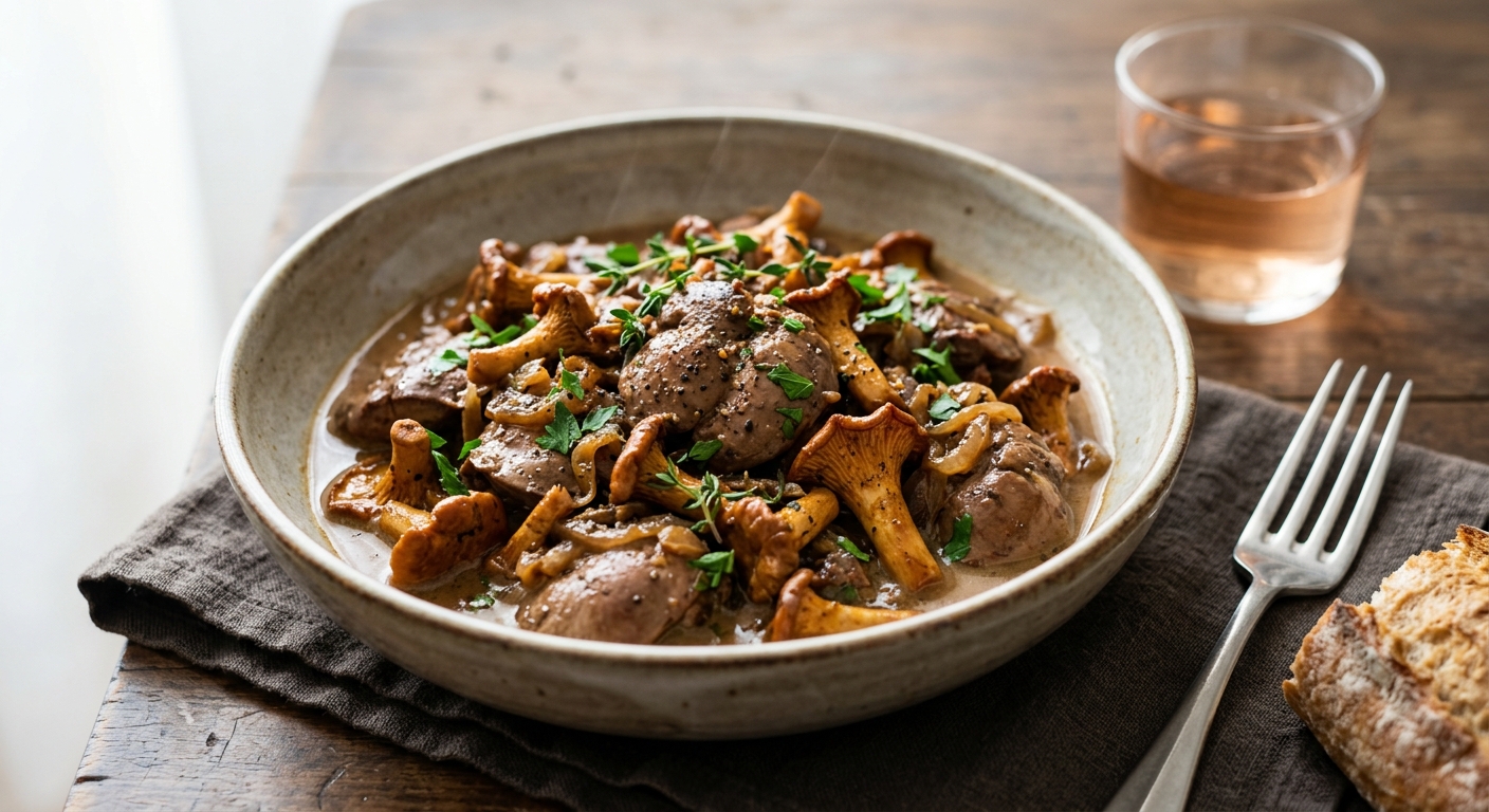 Fricassée de foies de volailles aux girolles et au rosé