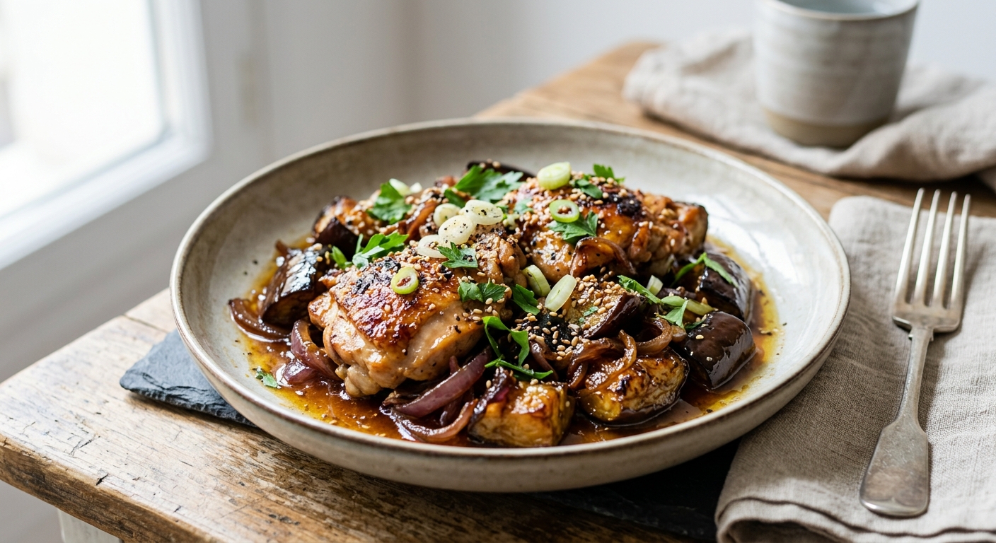 Fricassée de poulet et d'aubergines sucré salé