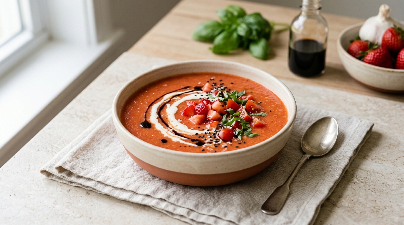 Gaspacho de tomate, fraise et soja