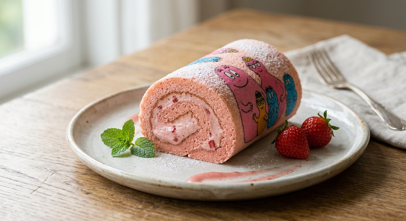 Gâteau roulé Barbapapa – technique feuille transfert pour génoise