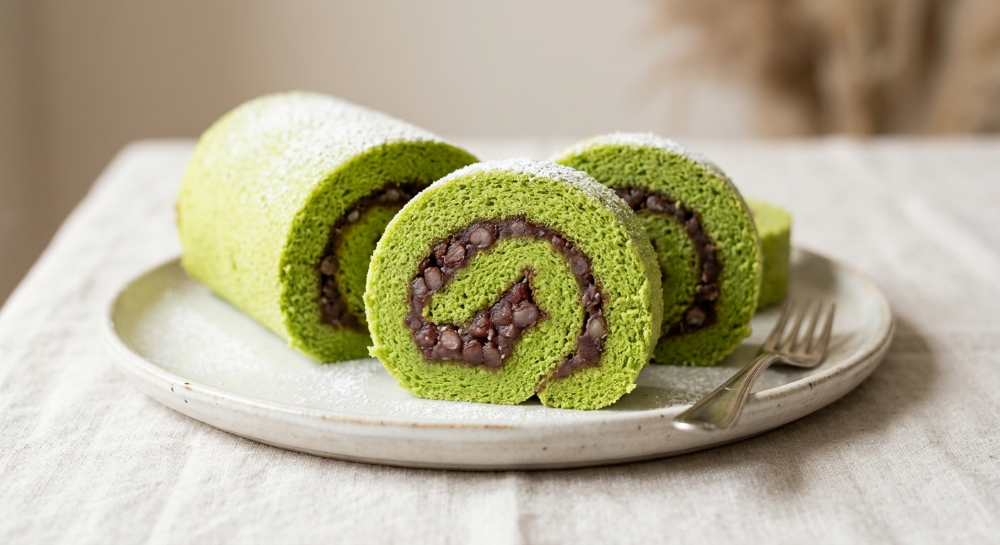 Gâteau roulé vert au Pandan et Haricots Rouges Japonais Azuki