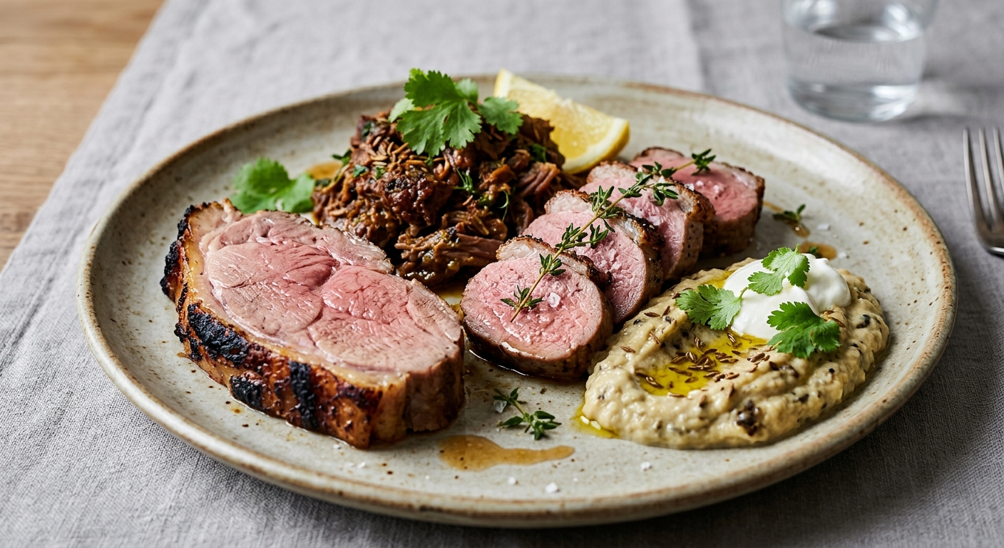 Gigot cuit sous la braise, épaule confite comme un tajine, carré et selle rôtis au thym, caviar d’aubergine fumée
