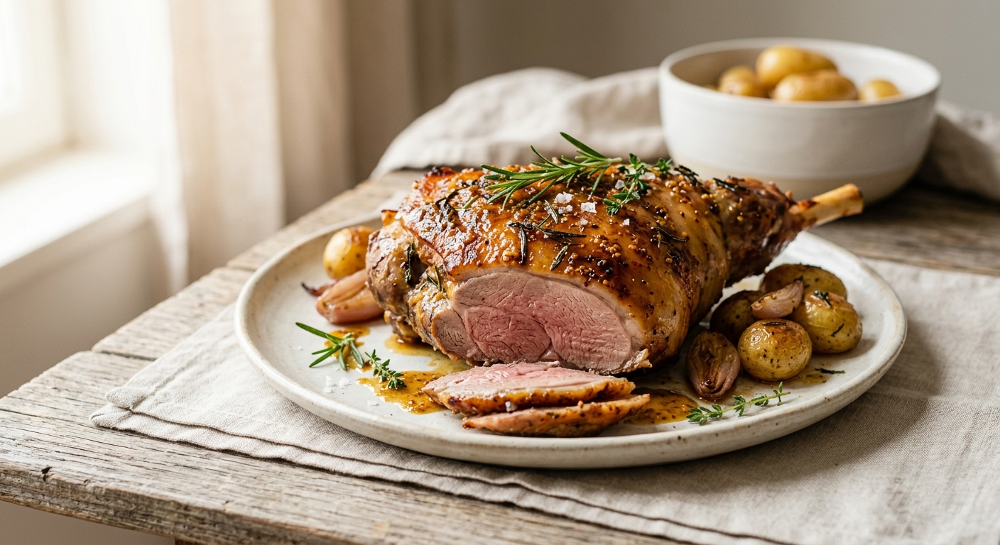 Gigot d'agneau au miel, moutarde et curry