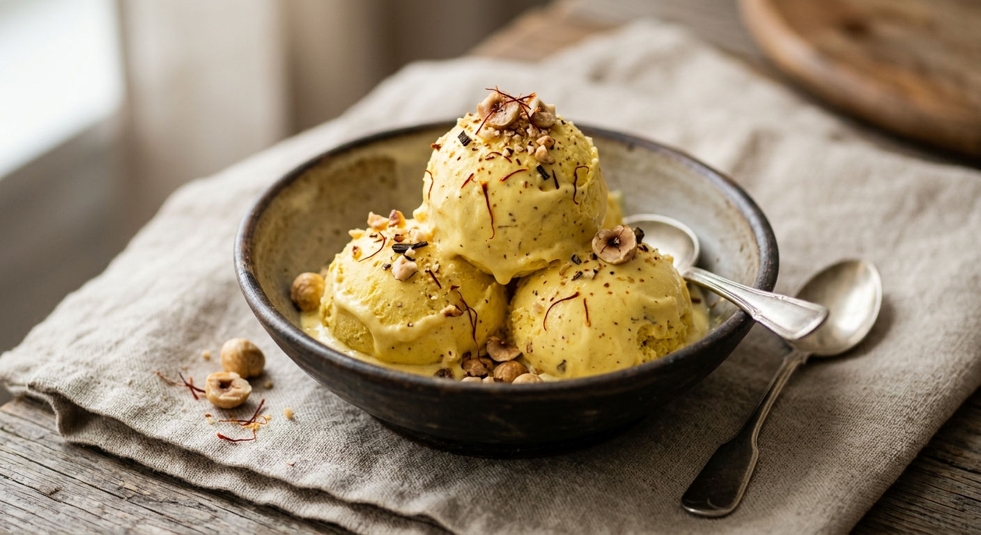 Glace crémeuse maison au safran et réglisse, façon kulfi