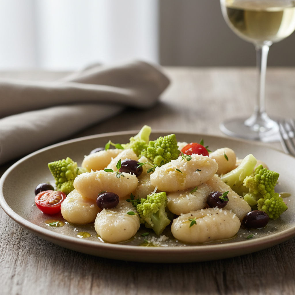 Gnocchis de seiche, chou romanesco et olives taggiasches