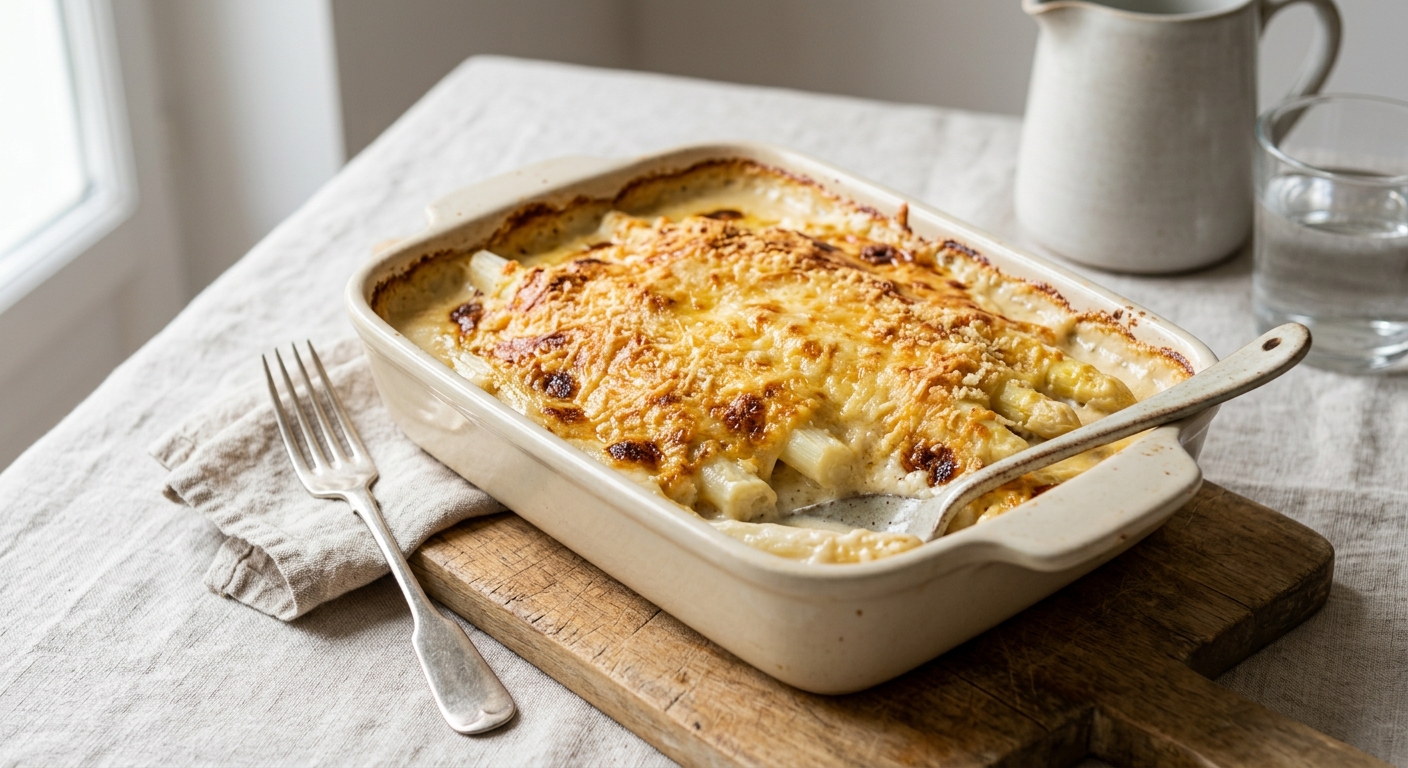 Gratin d'asperges blanches à la béchamel