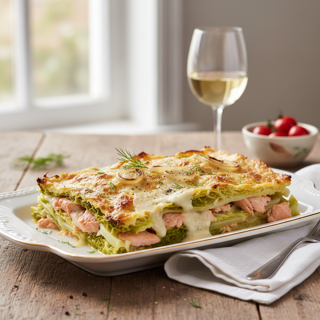 Gratin de chou vert & saumon façon lasagnes
