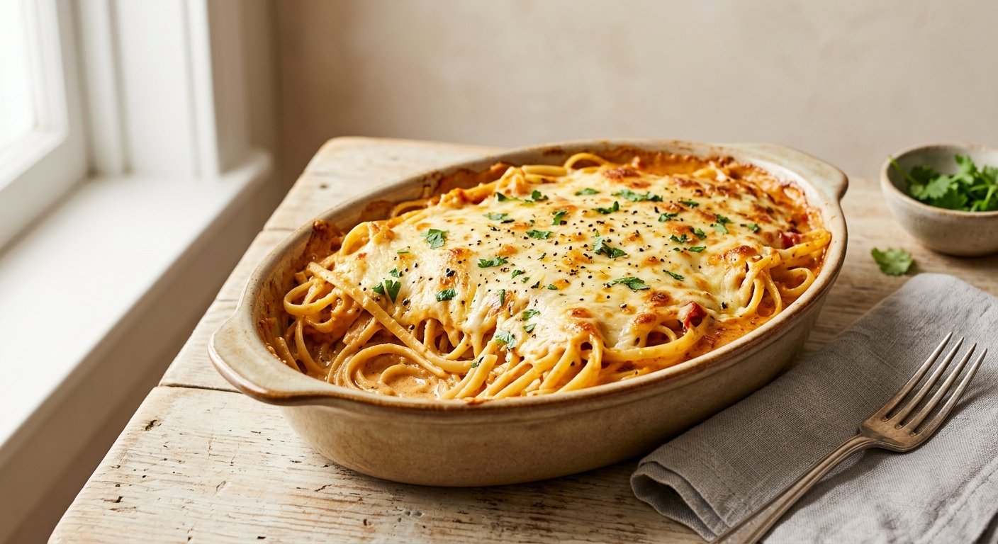 Gratin de linguine (pates) au curry rouge