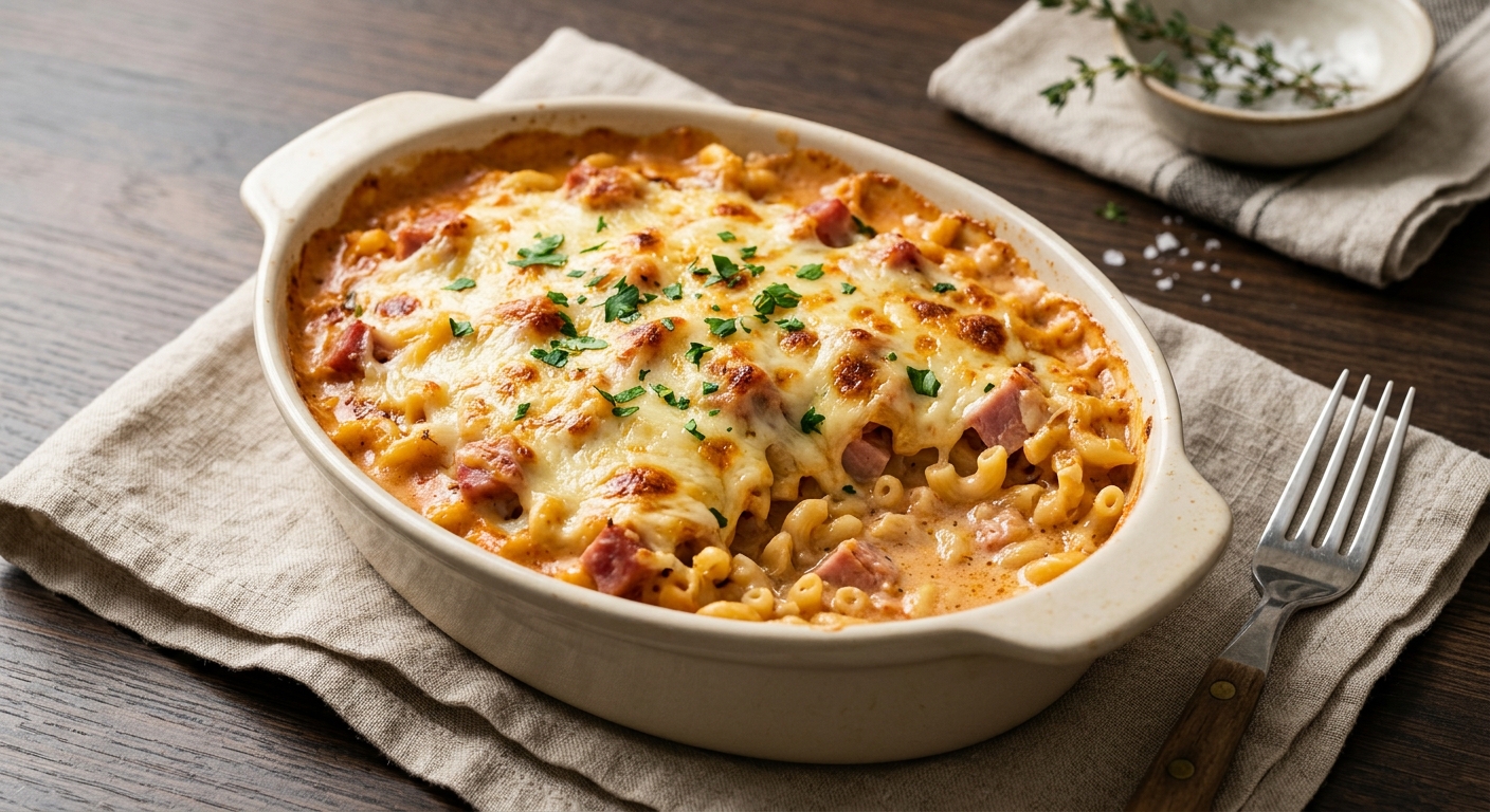 Gratin de pâtes au jambon et à la tomate