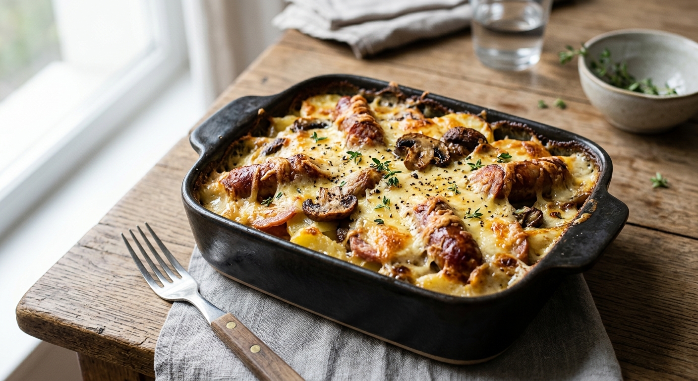 Gratin de pommes de terre aux saucisses de Toulouse, champignons et raclette
