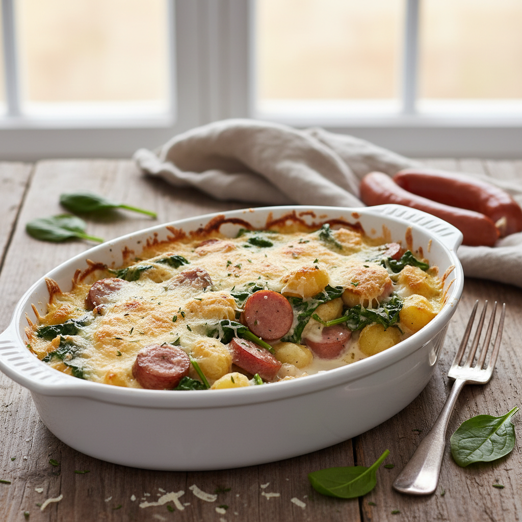 Gratin d’épinards, gnocchis & chipolatas