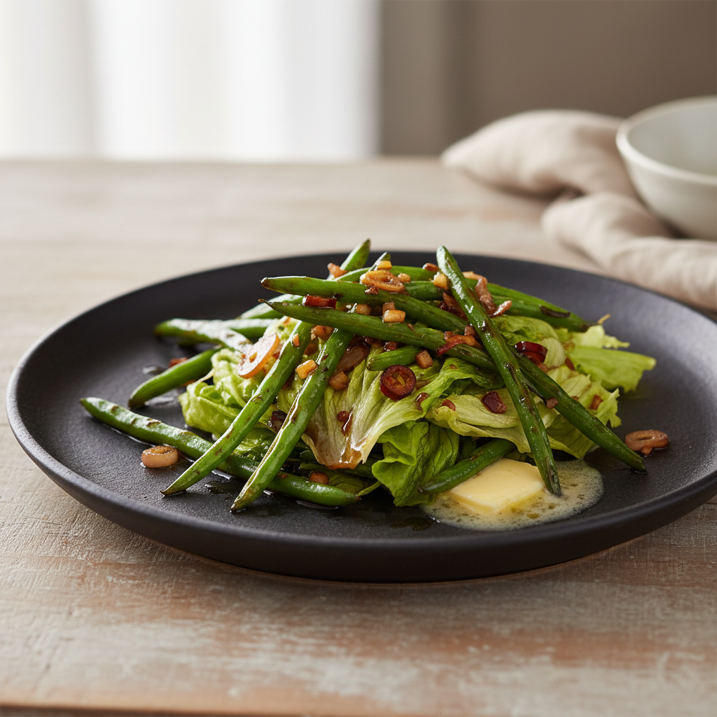 Haricots verts sautés à la laitue et sauce de soja noir