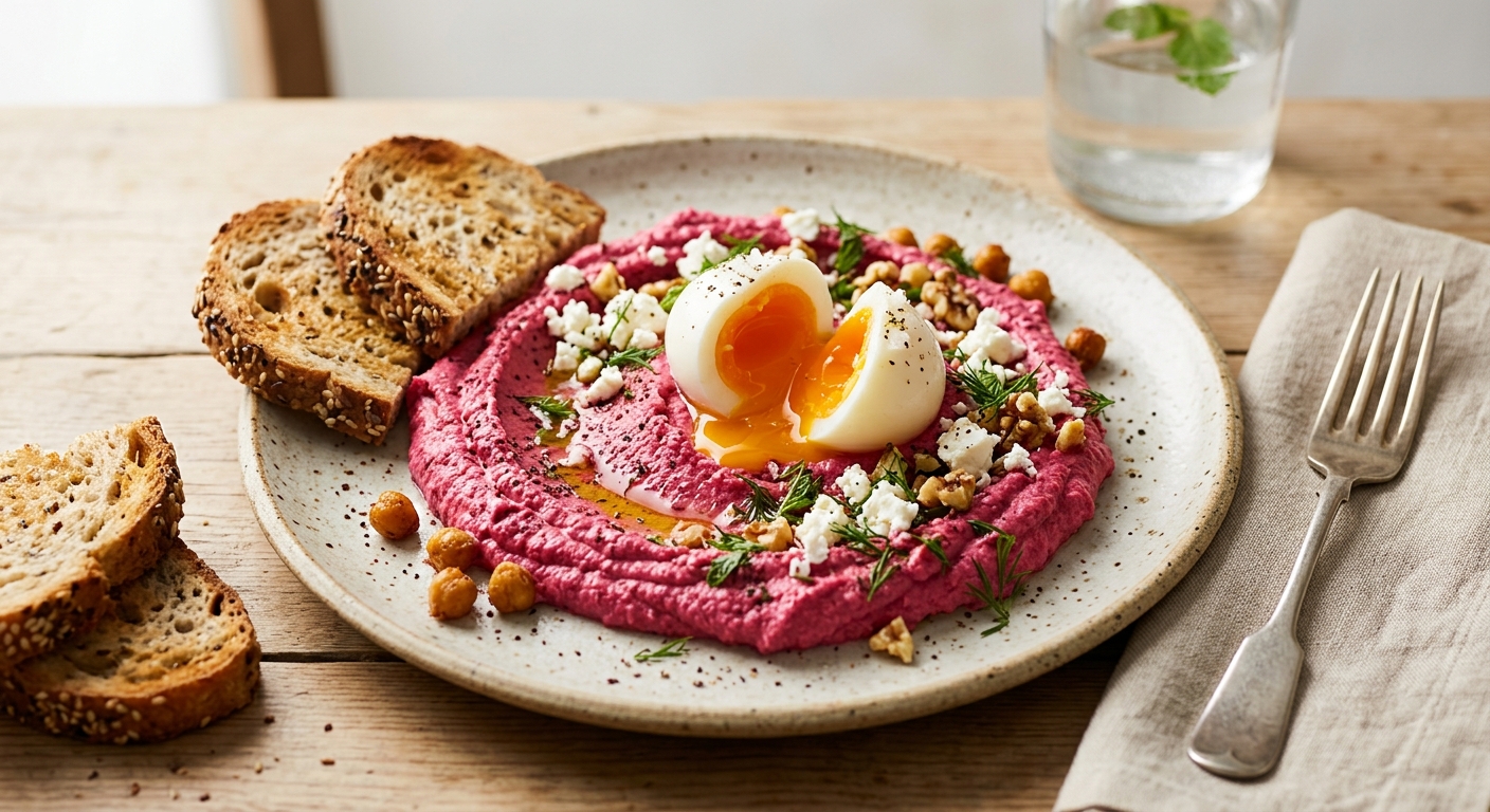 Houmous betterave, feta & oeuf mollet