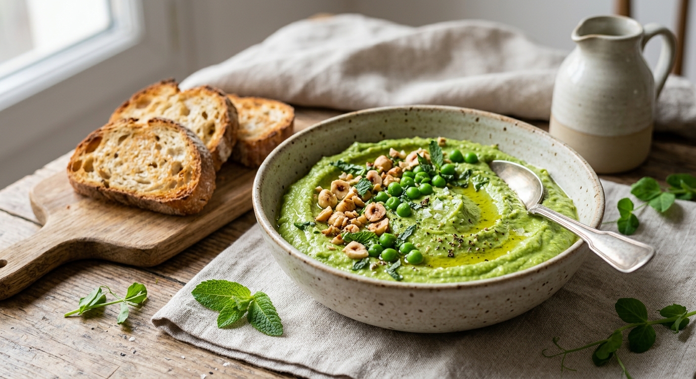 Houmous de petit pois, noisette et menthe