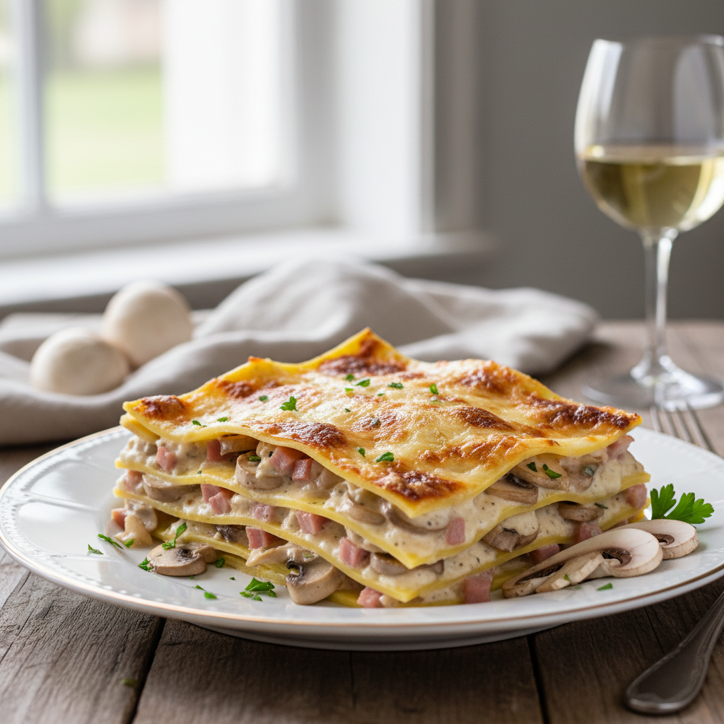 Lasagnes aux champignons, jambon & béchamel