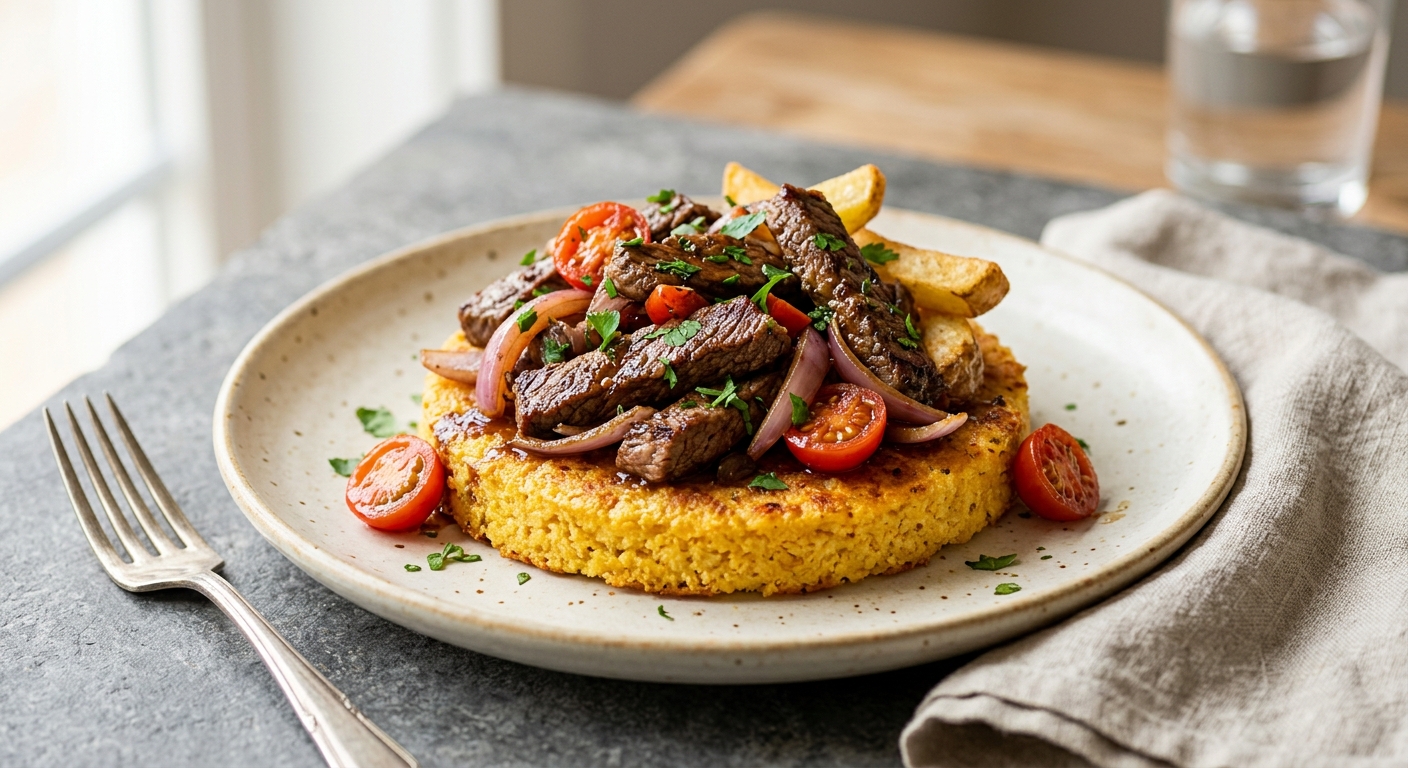 Lomo saltado sobre pastel de maïs (boeuf sauté et galette de maïs - Pérou)