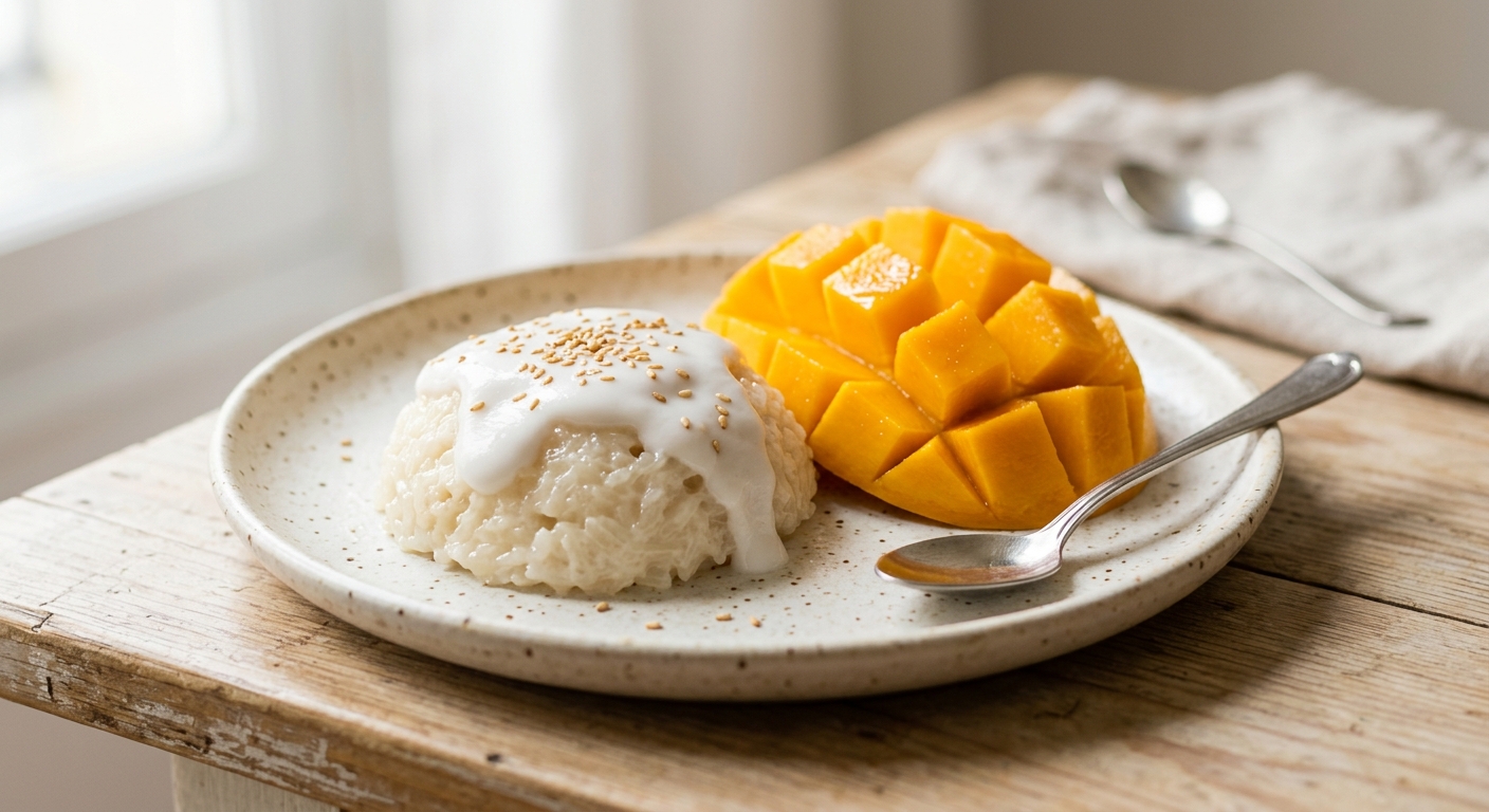 Mango sticky rice pudding, riz gluant au lait de coco et mangue