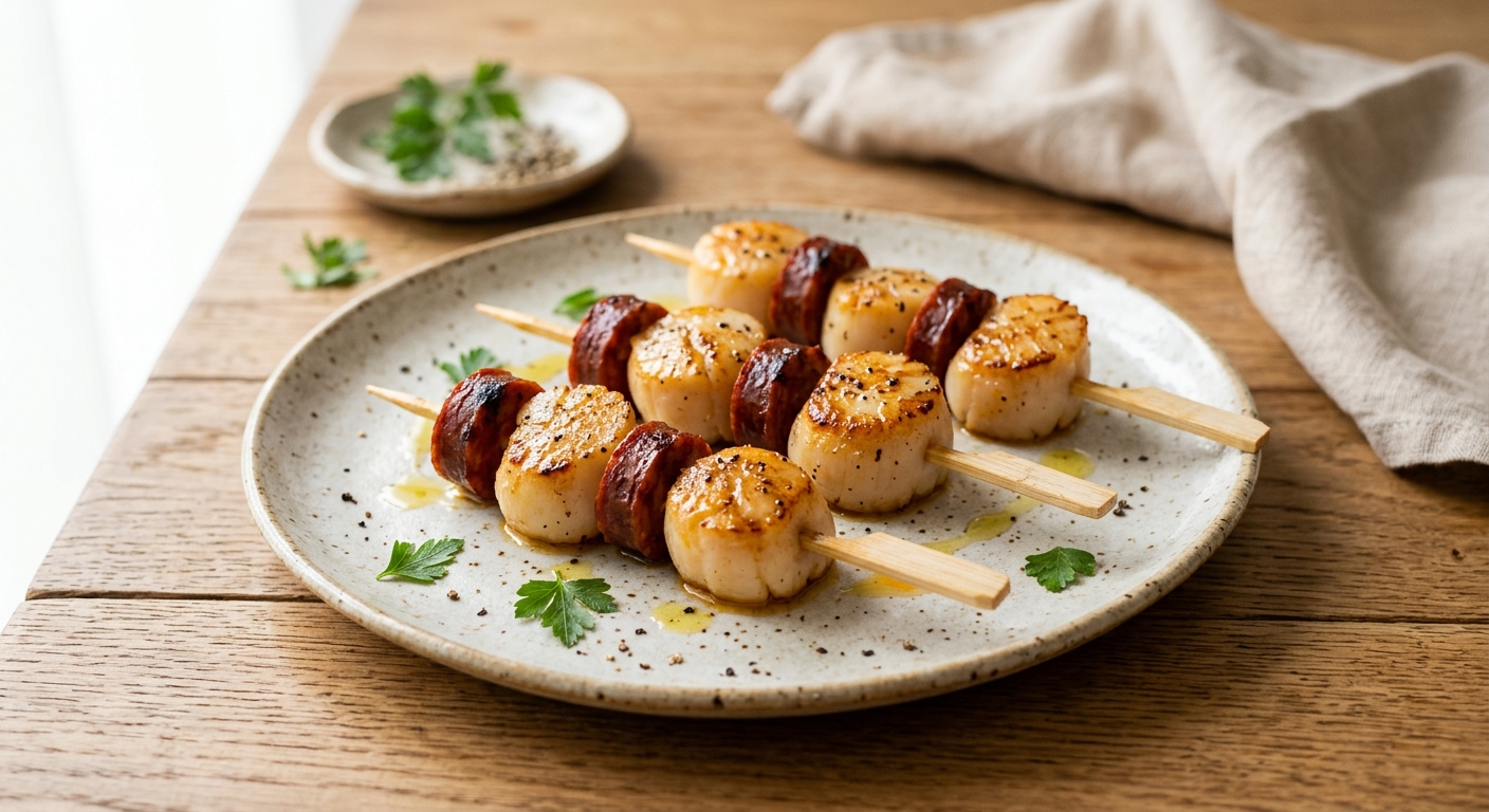 Mini-brochettes de saint-jacques au chorizo