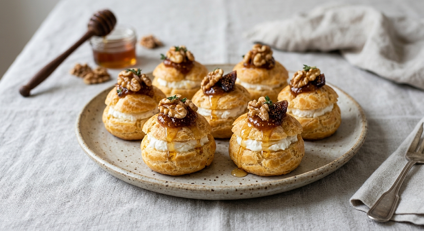 Mini choux apéritif chèvre, figues, miel et noix